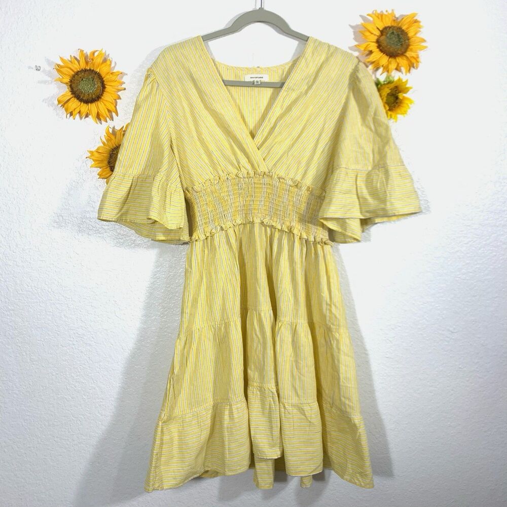 Max Studio Yellow White Black Pinstripe Ruffle Sleeve Dress Size Large Women’s